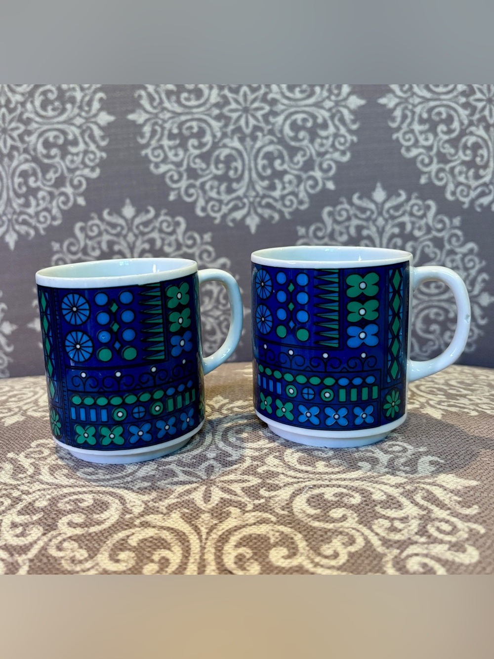 Two 1970s Blue and Green Mugs